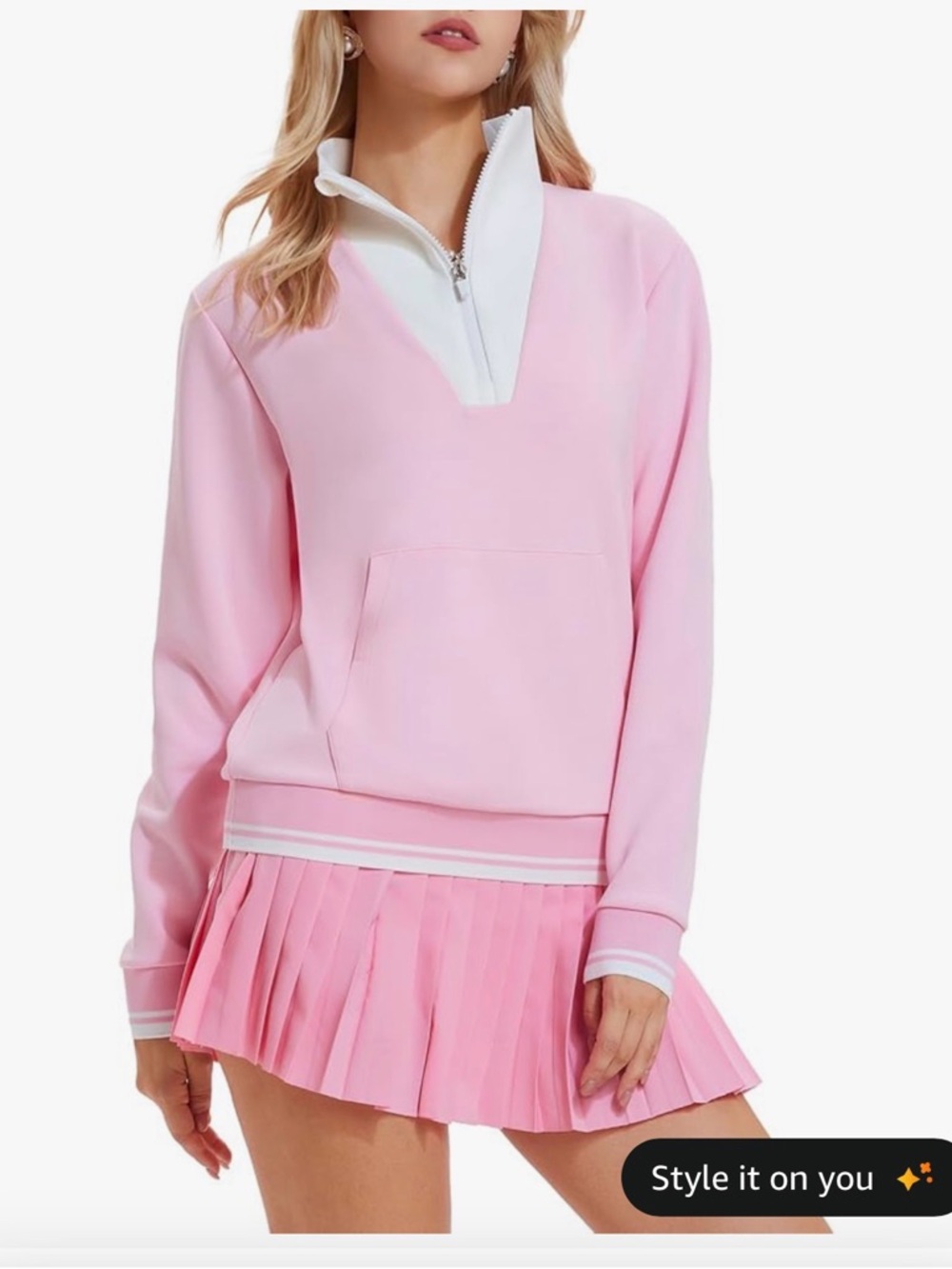 Light Pink Pleated Skirt Set with Contrast Zip Pullover